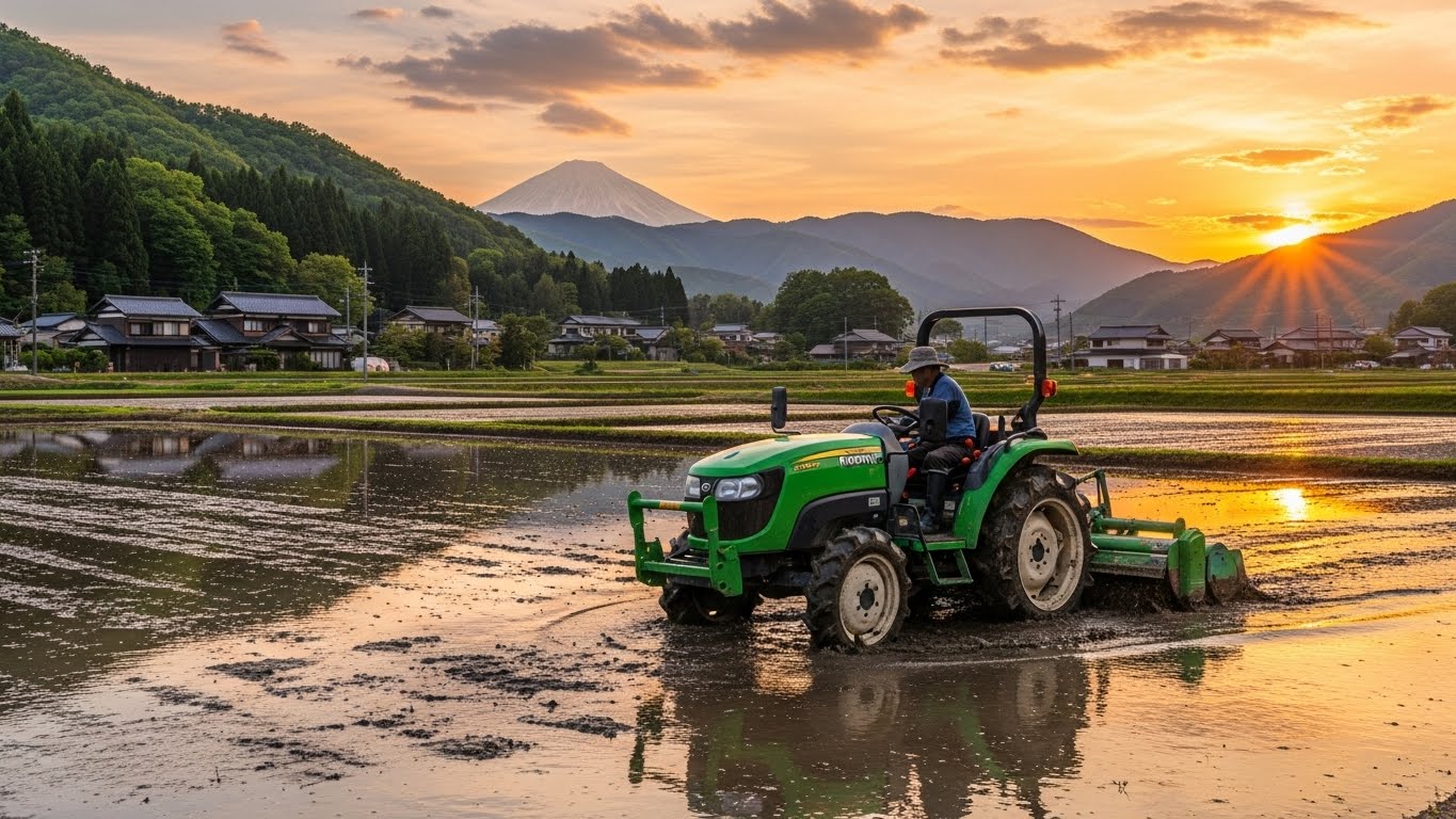 田んぼの整備をする光景